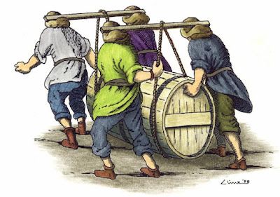 Four illustrated figures carry a large wooden barrel between them, suspended from ropes tied to two poles, each resting on two pillows atop the necks of one of the figures. I hope that makes sense.