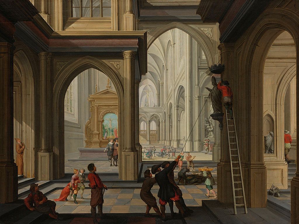 A painting of an enormous vaulted space. In the foreground, a small group is pulling on an elevated statue with a rope, while one of their number climbs a ladder with a hammer in hand. In the background, we see people running around and other defaced statues on the floor.