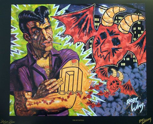 An imposing, colorful biker character grimaces at the viewer with a cigarette in his mouth. He flexes an arm with the devil’s tuning fork optical illusion tattooed onto it, while small devil-heads with bat wings flood out the ends of the tattoo. He is surrounded by a spiky green aura.