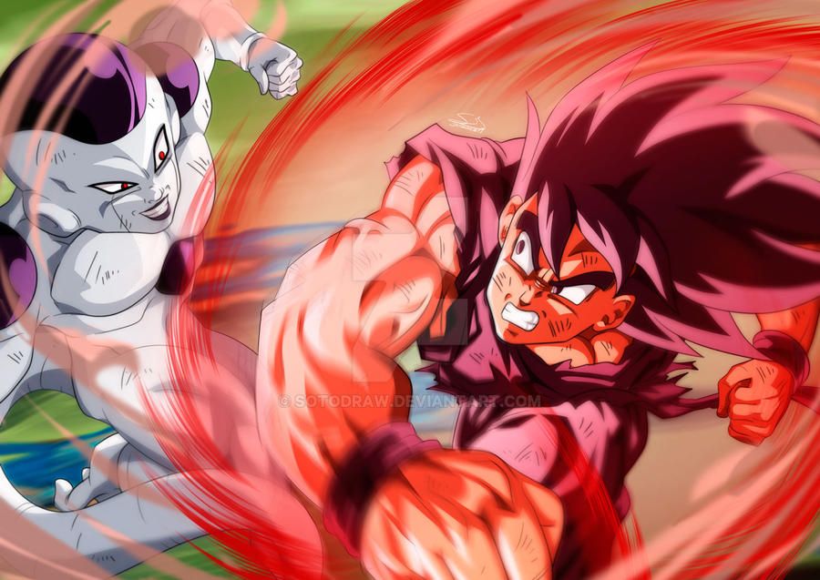 Goku, grimacing and glowing red, takes a swing at Frieza, who is smiling and just out-of-the-way.