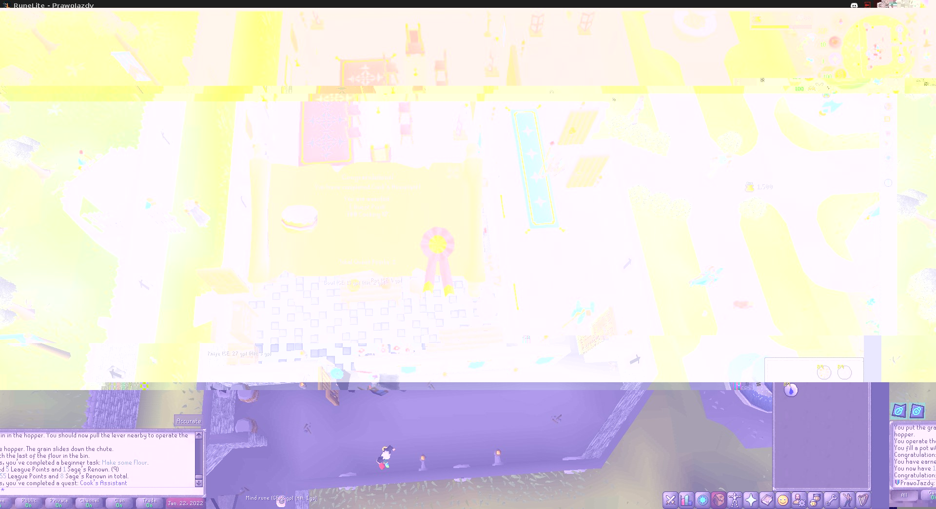 A screenshot of RuneScape after completing the Cook’s Assistant quest. All of the colors are yellow and desaturated, except for a purple-hued band in the lower third. The view is from overhead, and league fragments are visible in one corner.