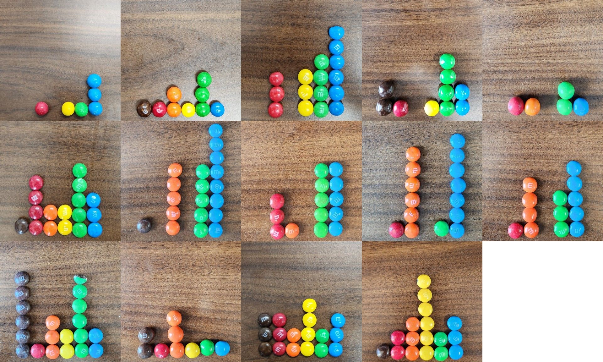 A 3x5 grid of 14 photos of M&Ms arranged like bar charts and cropped square. The last (lower-right) space is blank.