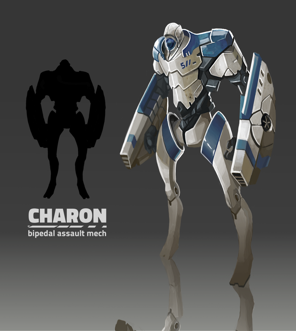 A tall armored mech with pointy feet and a shield on one arm.
