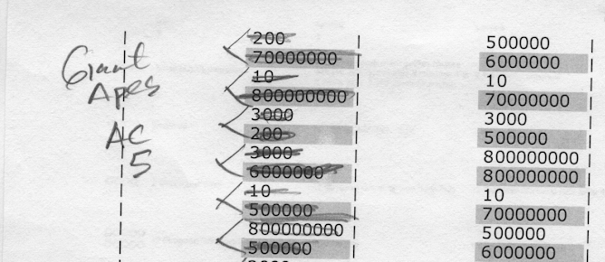 Two columns of single digits (1-8) followed by a corresponding number of “0”s. The column on the left is grouped into twos and marked “giant apes AC 5” and all the bubbles have been struck thru in pencil.