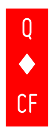 A close-up of the red cartouche: “Q” for queen, a diamond suit, and “CF” for “Center Field.” It has pointy squared corners.