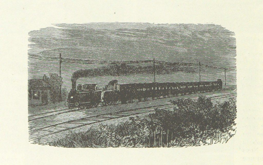 A black-and-white illustration of a train moving past a small hut at night in the countryside.