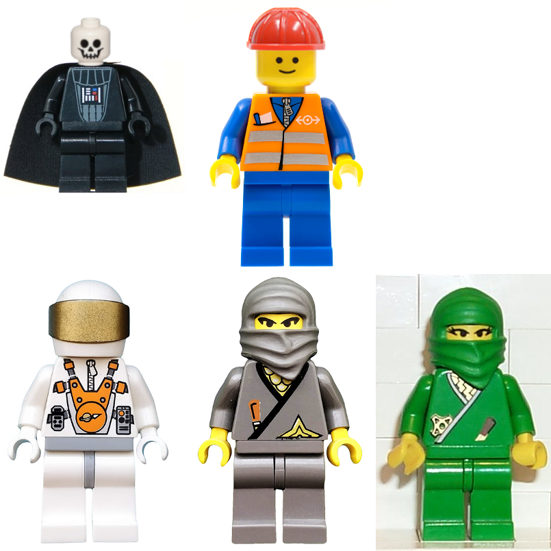 Five LEGO minifigures: Dark Vader with a skull head, a construction worker with a red hard had and generic smile, an astronaut with an opaque gold visor over their face, a gray ninja and a green ninja with big eyelashes.