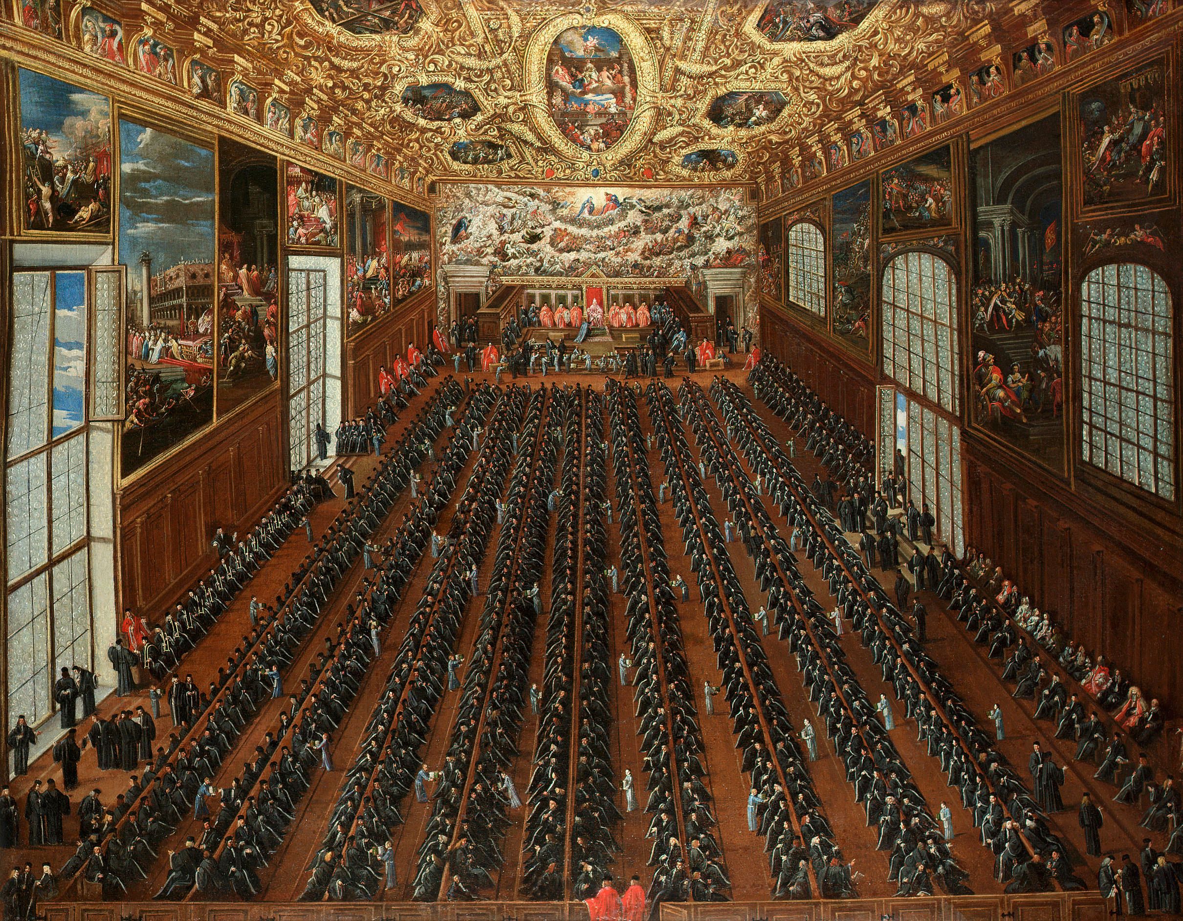 A painting of a large chamber with rows on rows of small black-robed figures on the floor below, an ornate gilt ceiling, and tall windows and doors surrounded by paintings and murals. Smaller gray-dressed figures move between the rows.