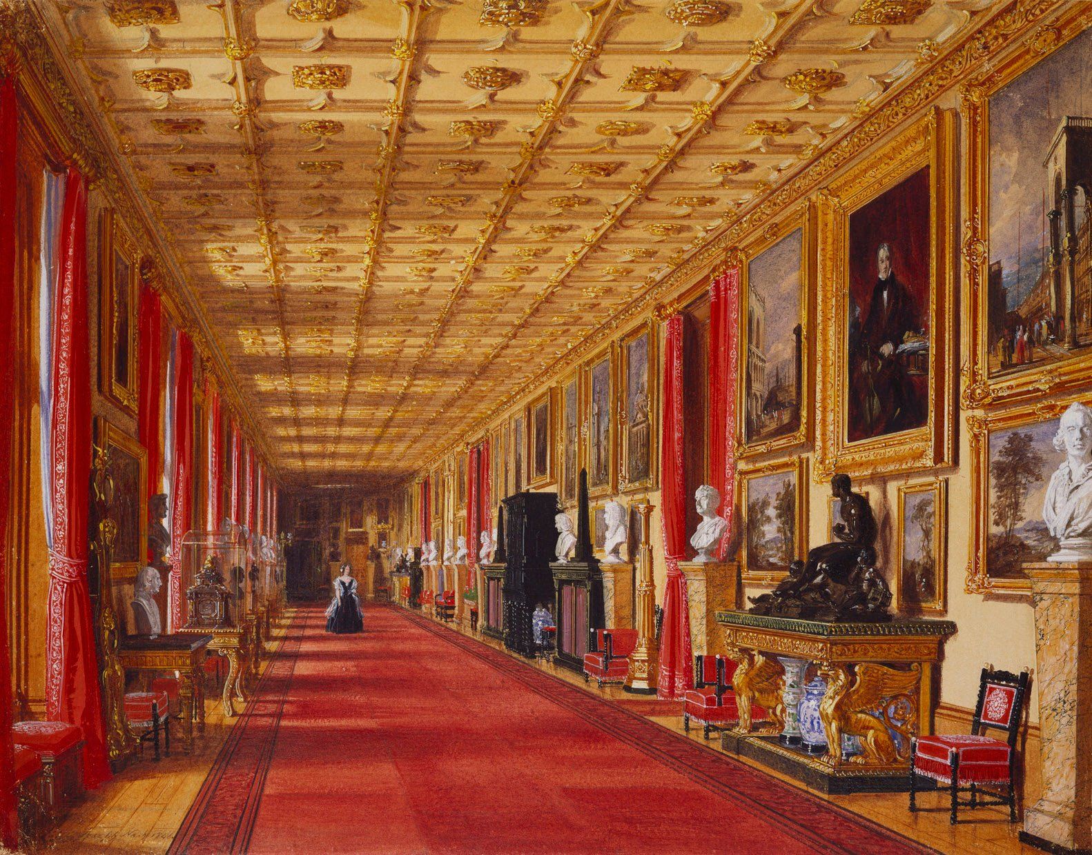 A watercolor view of part of the Grand Corridor at Windsor Castle; a figure, perhaps representing the Queen, approaches. Signed and dated at bottom left: Joseph Nash 1846. The ceiling is coffered gold, the right wall is covered in paintings and sculptures, the left wall is open full-length windows with red drapes that match the red carpet and red-upholstered chairs.