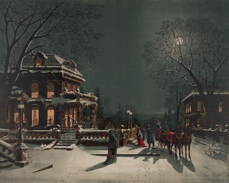 A two-horse carriage lets its passengers off outside a Christmas party on a snowy night.