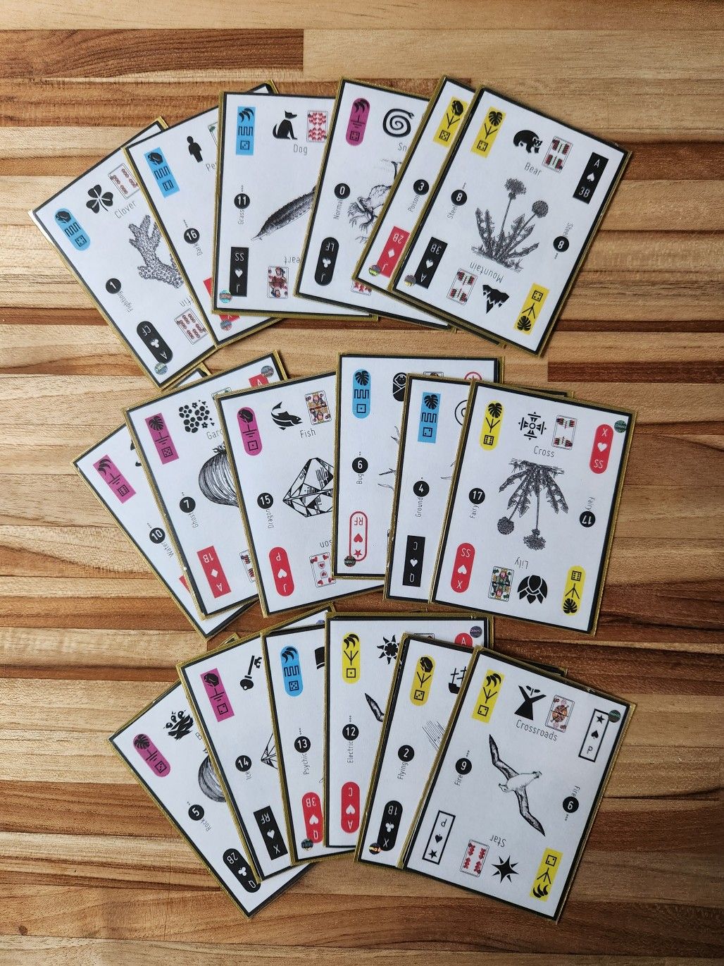 A photograph of the cards, printed and cut out on a wooden surface.