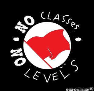 antifa flag logo with “No Classes * No Levels” encircling