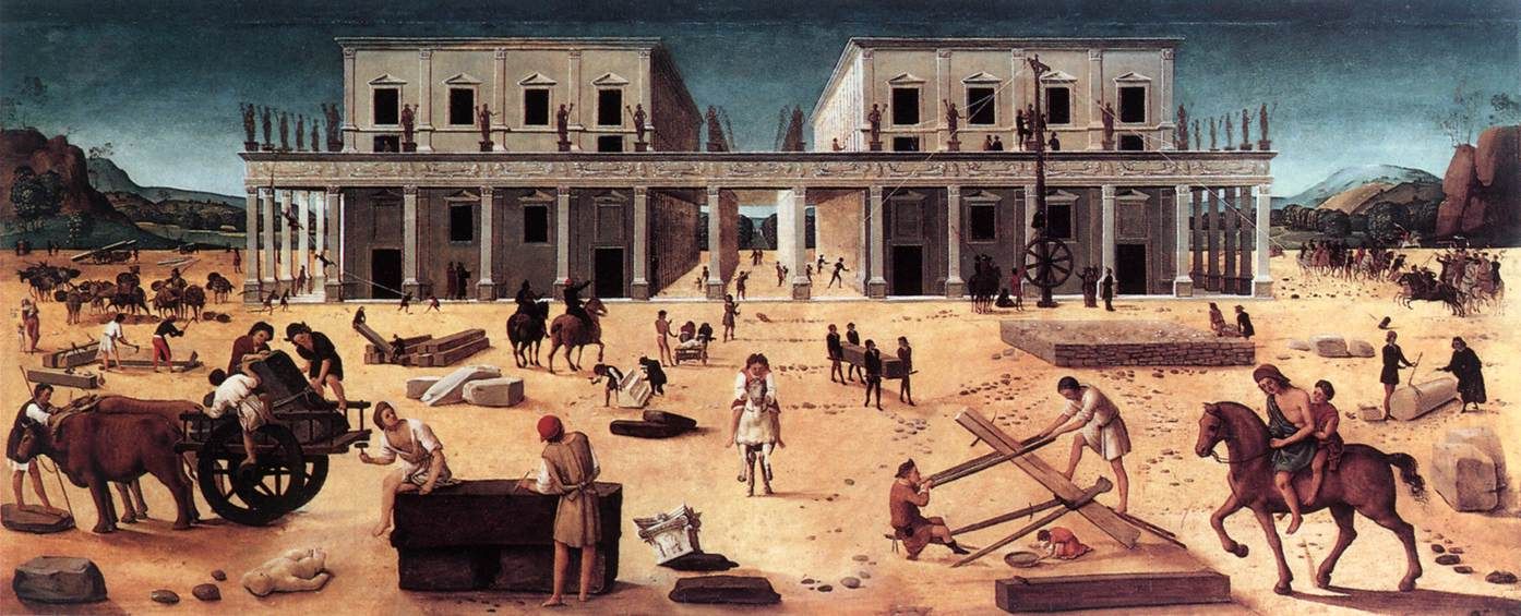 Painting. In a sparse field before a colonnaded structure, crews of workers and horses saw, chisel, roll, and hoist various structural and sculptural elements.