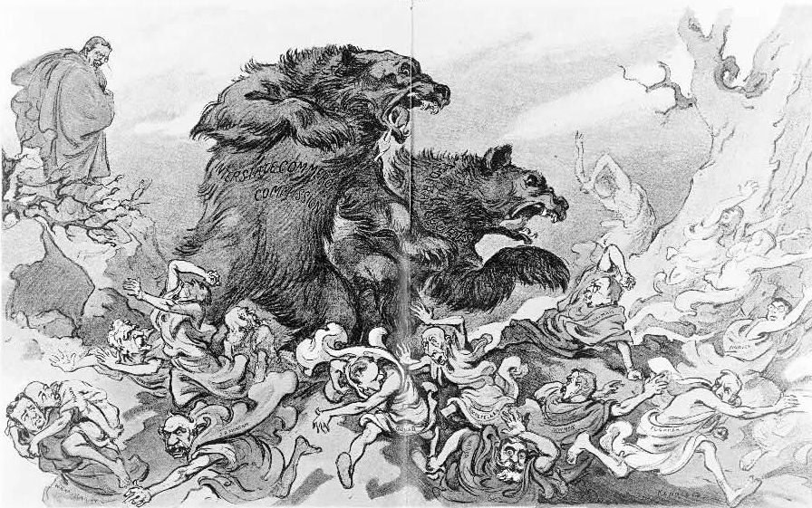 A greyscale spread from a magazine of two vicious bears terrorizing a nebulous mass wispy of cartoon figures.