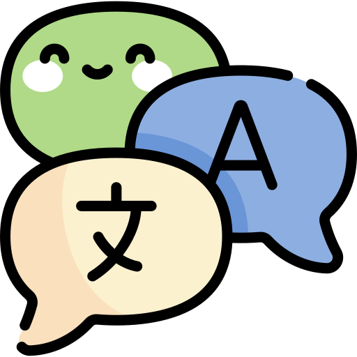 Thee colored speech bubbles, a green one with a smiling face, a blue on with the letter “A” and a peach one with katakana.