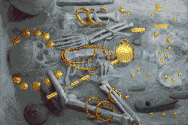 A grainy dull image of a skeleton with various ornaments arranged around it, rendered in bright gold.