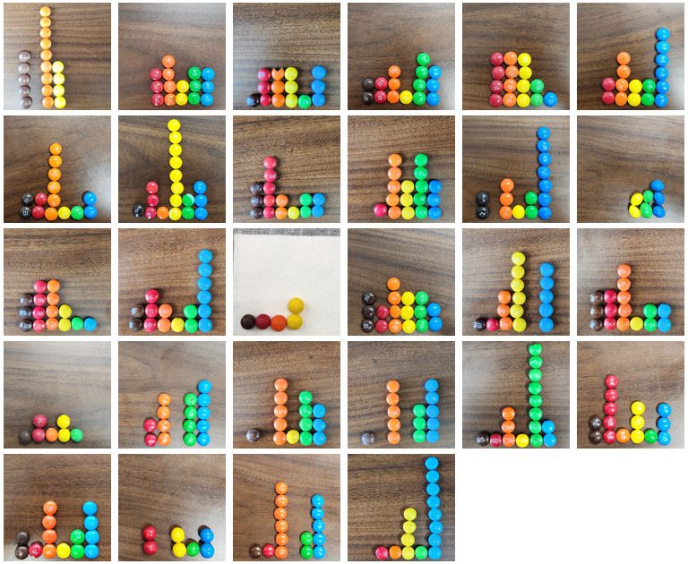 A 6x5 grid of 28 photos of M&Ms arranged like bar charts and cropped square.