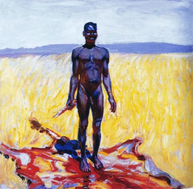 A painting of a nude man standing in a yellow field, hills behind him in the distance. At his feet, the bloody skin of some animal stretches out like a carpet. He holds a short knife in his right hand. His skin is dark, but his face is painted with white stripes and his hands red with blood.