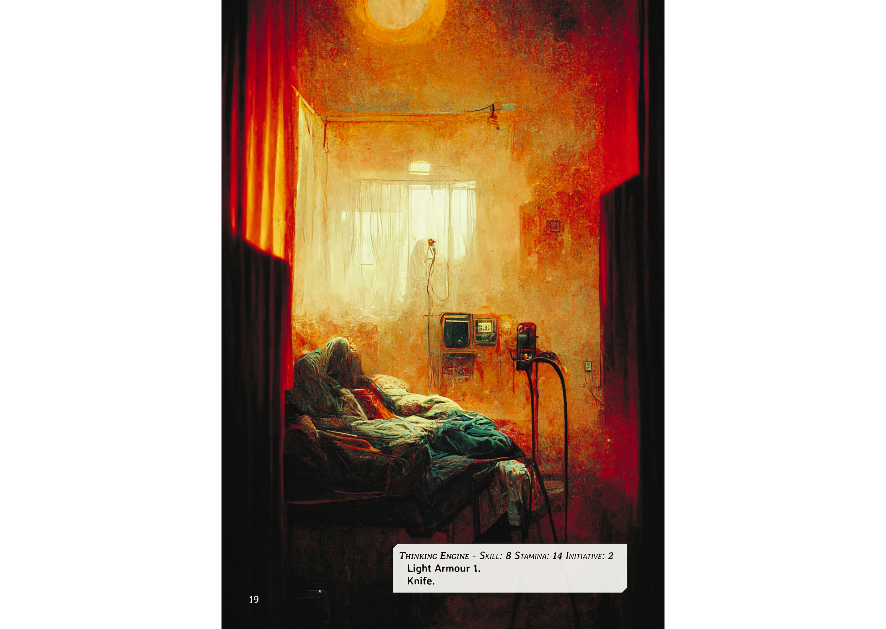 A hazy full page illustration of, possibly, a hospital room, with a figure in bed in the lower portion and some machinery on the walls. A white cut-out with stats for a “thinking engine” is in the lower right-hand corner..