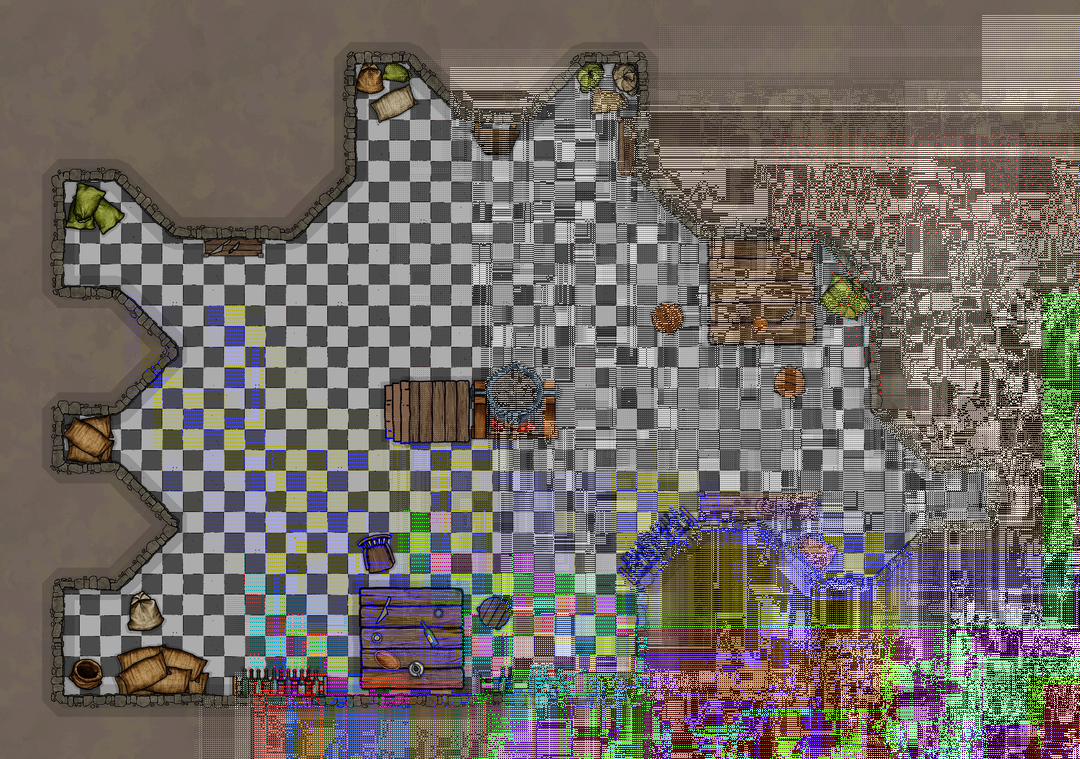 A map of the kitchen under the goblin village but the right half is dominated by an explosion of colors and noisy square patterns.