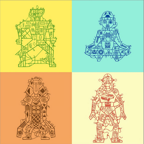 Four robots tiled in a 2x2 grid. Each is a roughly humanoid shape broken into many segments with different patterns and icons drawn in each part.