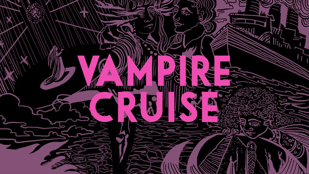 “The cover of Vampire Cruise from its itch storefront. Woodcut-style religious and nautical imagery in pale purple against a black background forms the background to a the title in bold magenta letters.”