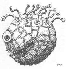 A black and white drawing of a beholder, a floating orb with cracked skin. Although it has a jagged gash of a mouth along the left side, and one bulging flounder-eye above that looking at you, a dozen segmented eyestalks top it, looking in every direction.