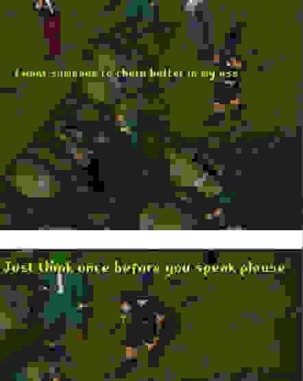 Two heavily-compressed RuneScape screenshots, juxtaposed as a comic strip. A player in green says something in the top panel, and a player in black says something in the bottom panel.