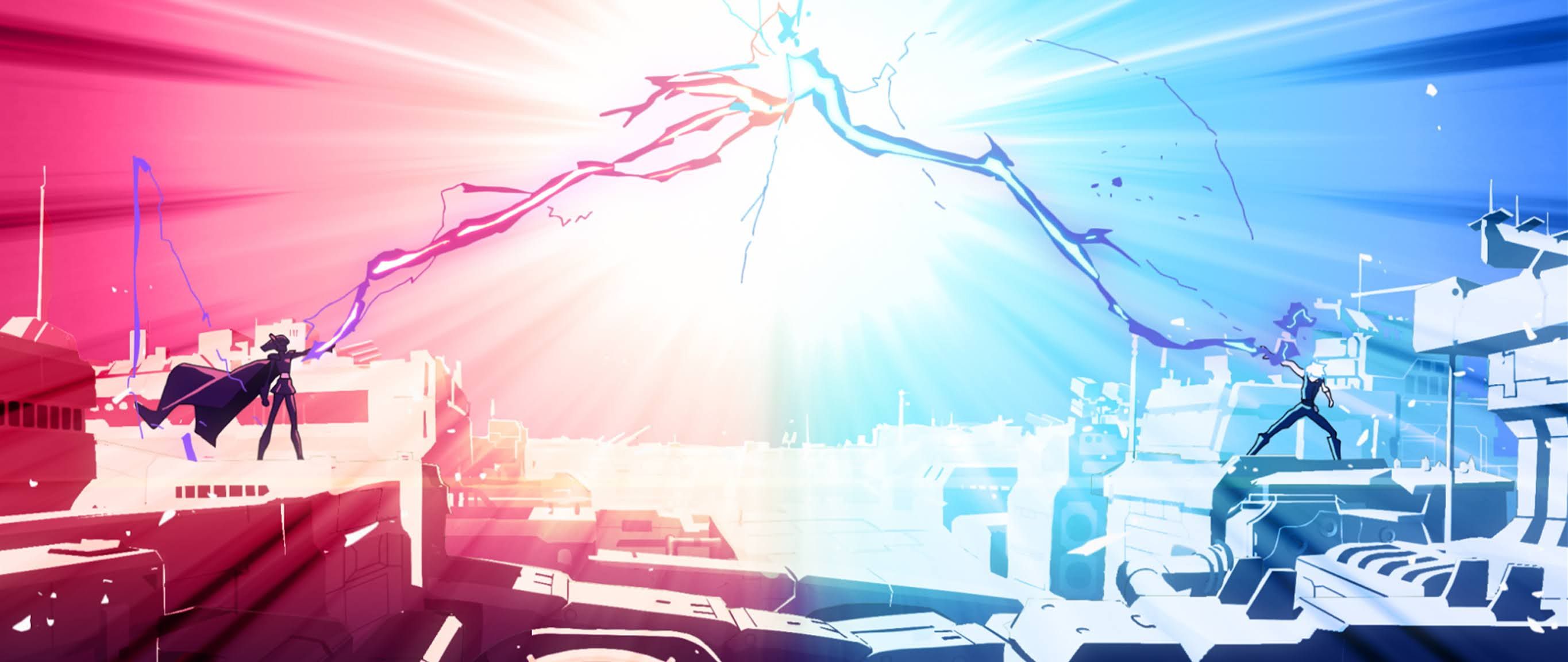 Two dark figures standing on top of a star destroyer send red and blue lightning at each other, dividing the image.