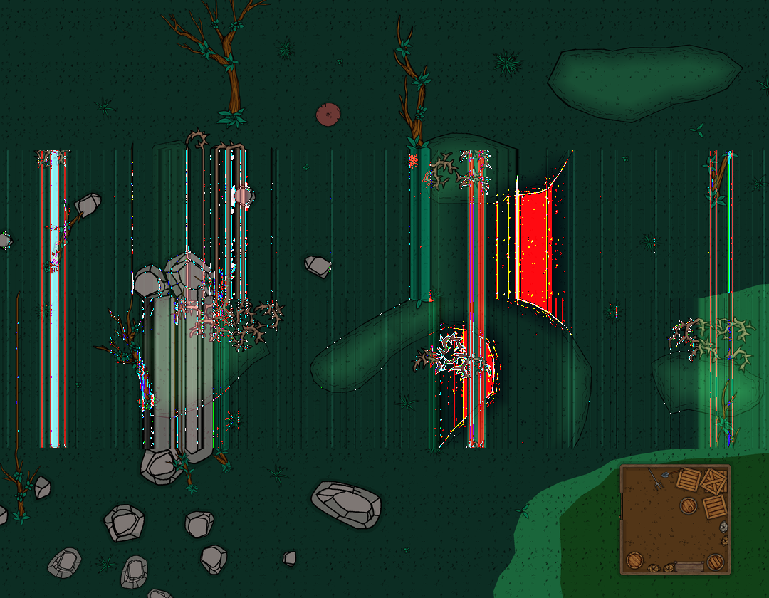 A map of the tool shed in the Lumbridge swamp, but the center is “stretched” vertically with bright red artifacts.