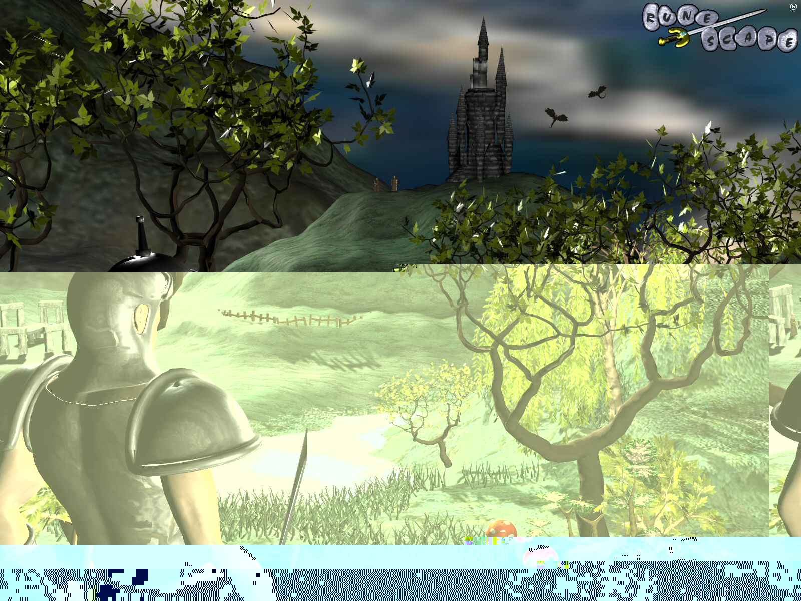 A CGI knight faces away from the viewer, looking at a distant brooding castle with dragons around it in the air. About halfway down the image, the colors become desaturated and the image “rolls” to the left slightly. At the bottom of the image it is almost entirely cyan and black and very pixelated.