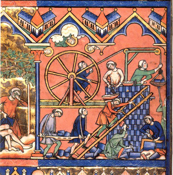 Medieval laborers make bricks and carry them up a tower under construction using ladders and a treadmill-powered crane.