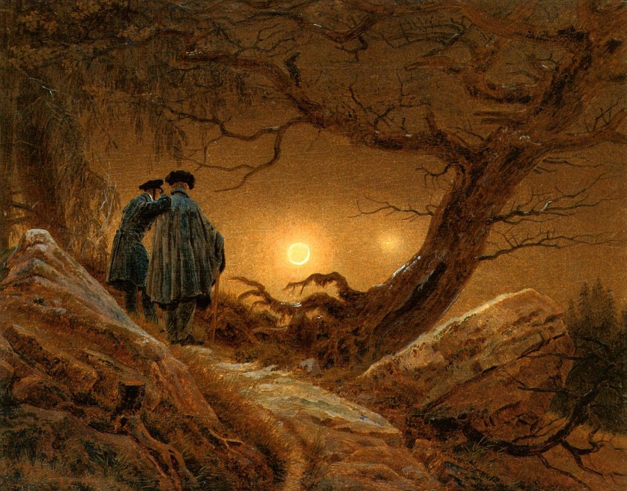 A painting of two men in heavy travel dress looking out at a dim yellow sunset, or perhaps moon as the title implies, from a hillside studded with rocks and roots and stumps.