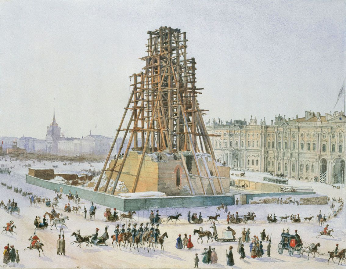 Painting. A buttressed wooden tower rises from a half-built stone structure, dominating an otherwise grand public city square.
