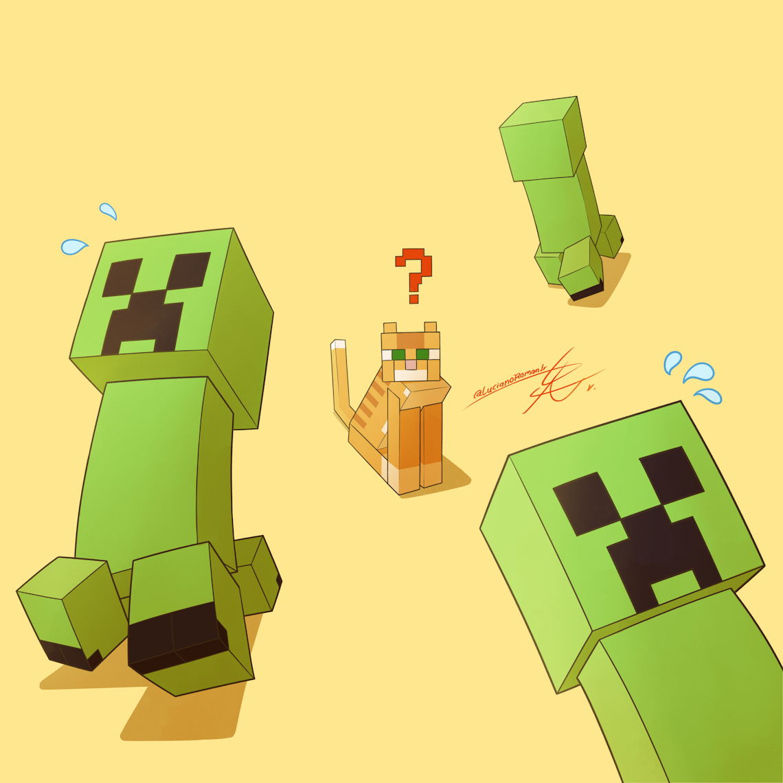 Against a flat yellow background, a cat with a question mark above its head sits, with three tall green frowning quadrupeds fleeing and sweating.