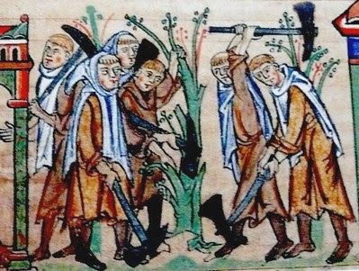 An illustration from an illuminated manuscript. Six monks with hoes are tilling the ground while standing dangerously close to each other. human-tall stalks of plant grow behind them.