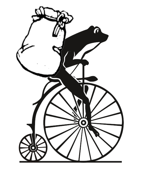 A frog on a penny-farthing bicycle with an oversized backpack.