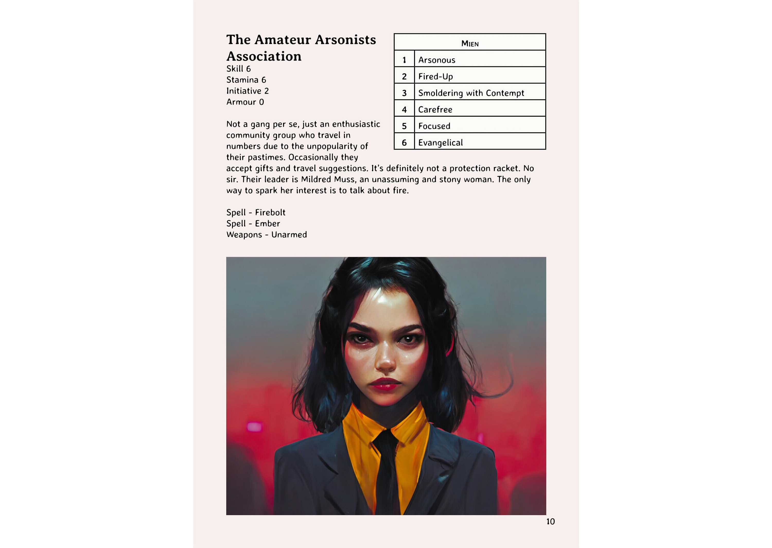 The top half of the page contains the mien table and description of the Amateur Arsonists Association. The bottom half of the page has a Midjourney portrait of a young woman with long black hair in business attire against a red gradient background.
