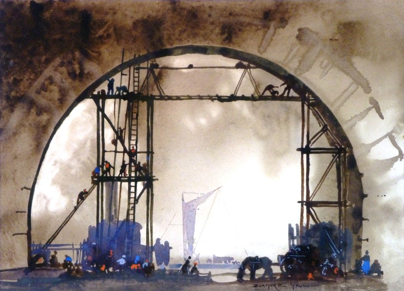 Watercolor (?). Scaffolding and cranes fill a large semi-circular arch in the mist, workers in hi-vis picked out.