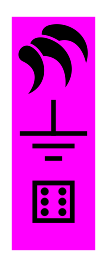 A close-up of the magenta cartouche: an icon of three claws, an electrical “ground” symbol, and a die-face showing “six.”