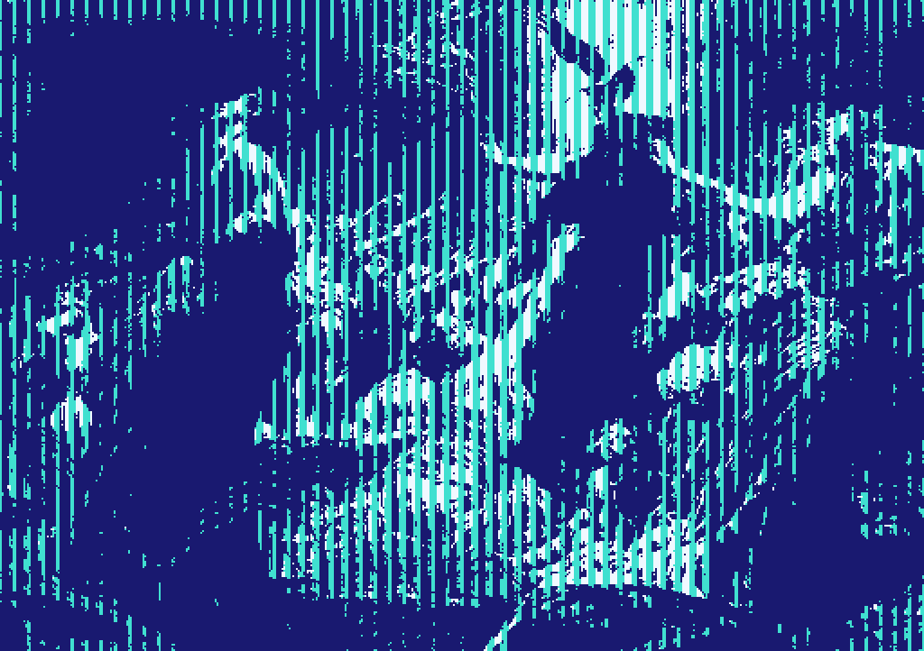 Center-right, a tall dark figure with a staff and a winged helmet is framed by the moon. About him numerous others kneel and wail and grasp at his robe. The whole image is blue-tinted and dominated by vertical cyan artifacts.