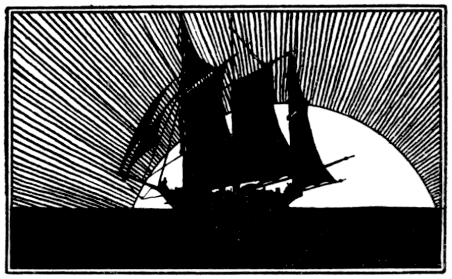 A black and white woodcut illustration of a three-masted sailing ship silhouetted before a sunrise.