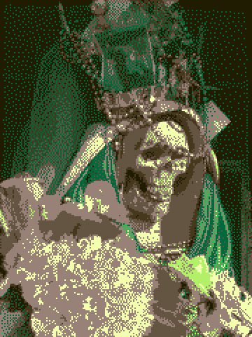 A smiling skeleton in sickly green clothes and silver beads, carrying a bouquet of pale flowers.