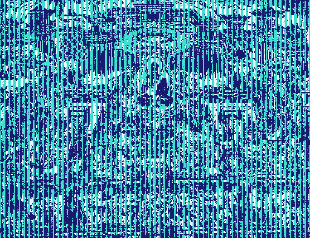 Small in the center, a haloed Buddha in lotus position. Arrayed about him, at least the suggestion of numerous buildings, walkways, gardens, and other seated figures. The whole image is blue-tinted and dominated by vertical cyan artifacts.