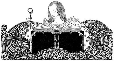 A black and white illustration of a person with a wand and a large ruffled collar, reading a book and surrounded by leaf-like patterns.