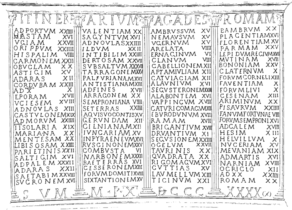 An inscription labeled “Itinerarium Agades Roman.” Beneath that (held up by five columns), are four columns of place-names paired with distanced in roman numerals.