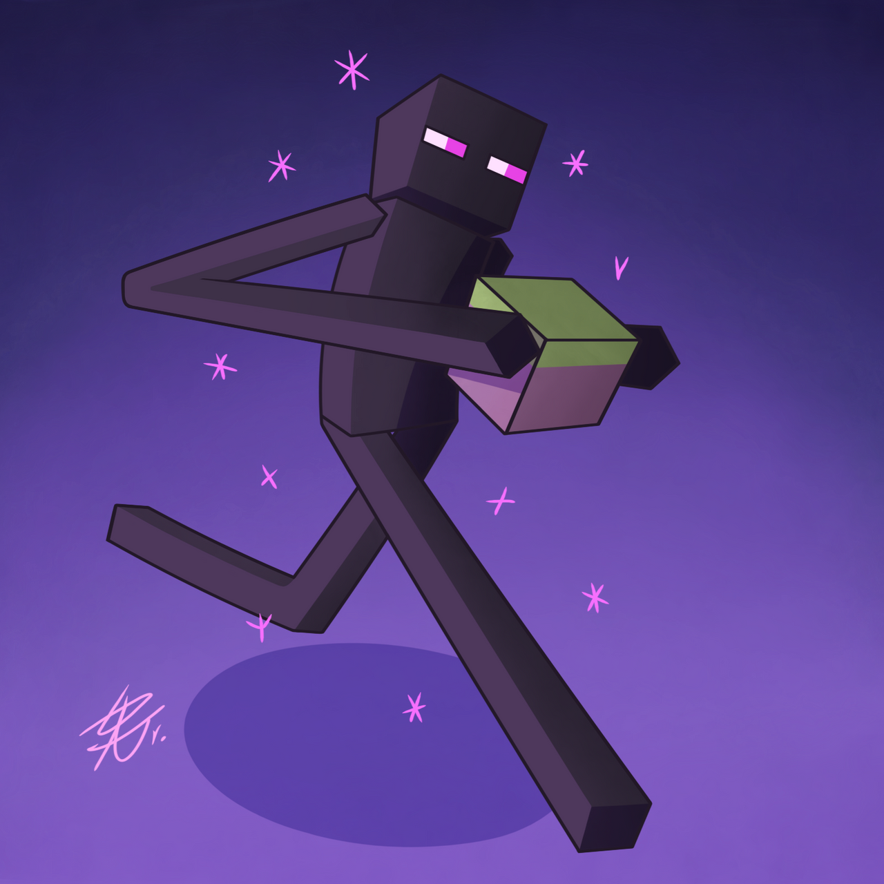 Against a purple background, a long-limbed dark figure carries a voxel of earth, surrounded by purple stars.