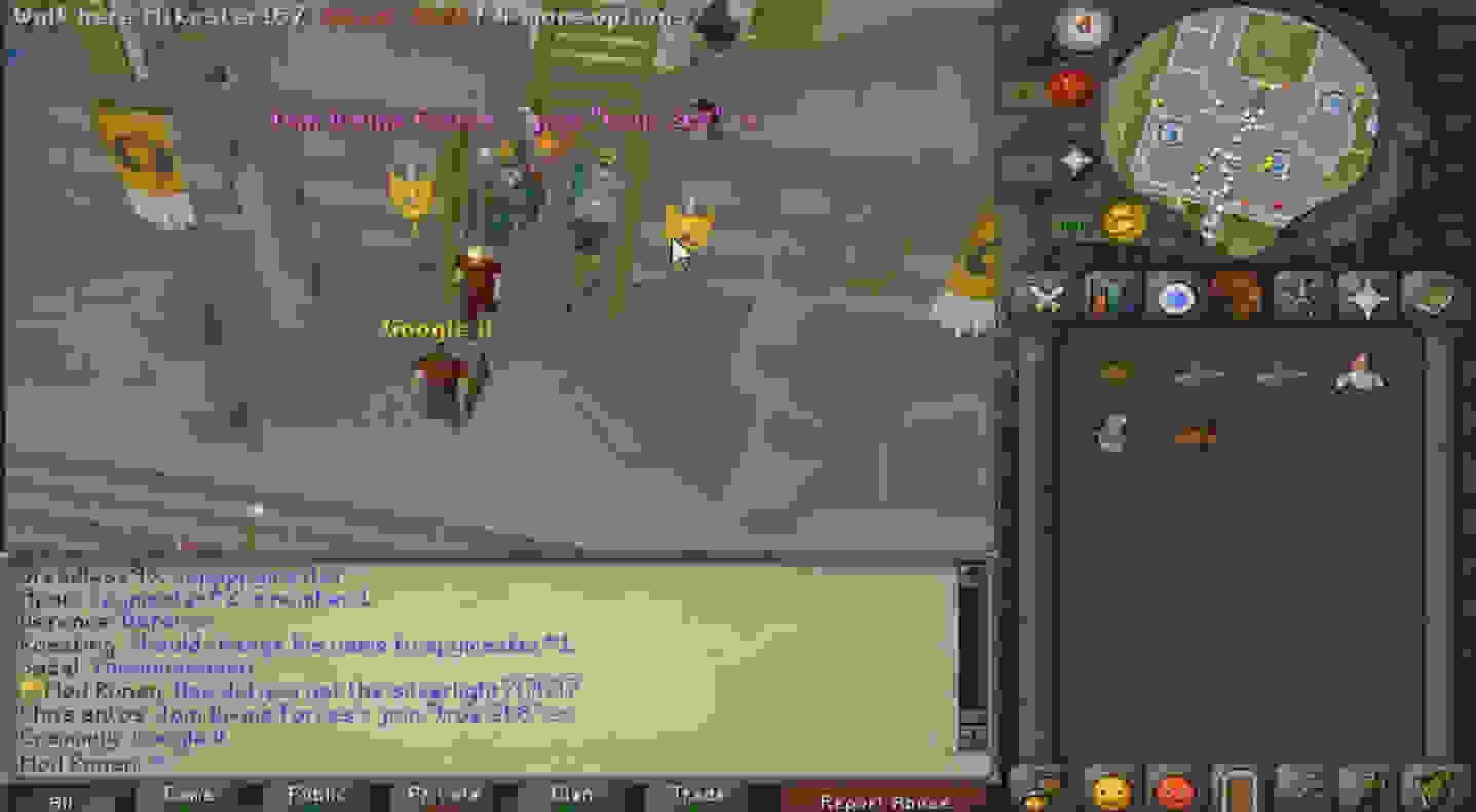 A heavily compressed RuneScape screenshot in Varrock palace. in the chat history, one player has a mod crown, and in the middle of the screen two or three players are talking.