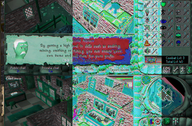 A screenshot of the game, but wrong. The screen is “wrapped” so that the bottom is in the middle and is bisected by a thick band of shifted color. Even outside that band everything has a strange green hue.