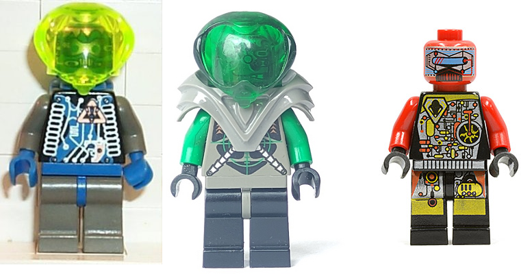 Three LEGO minifigures: a blue alien with a round clear yellow helmet, a green alien with a round clear green helmet and big green shoulder armor, and a red robot.